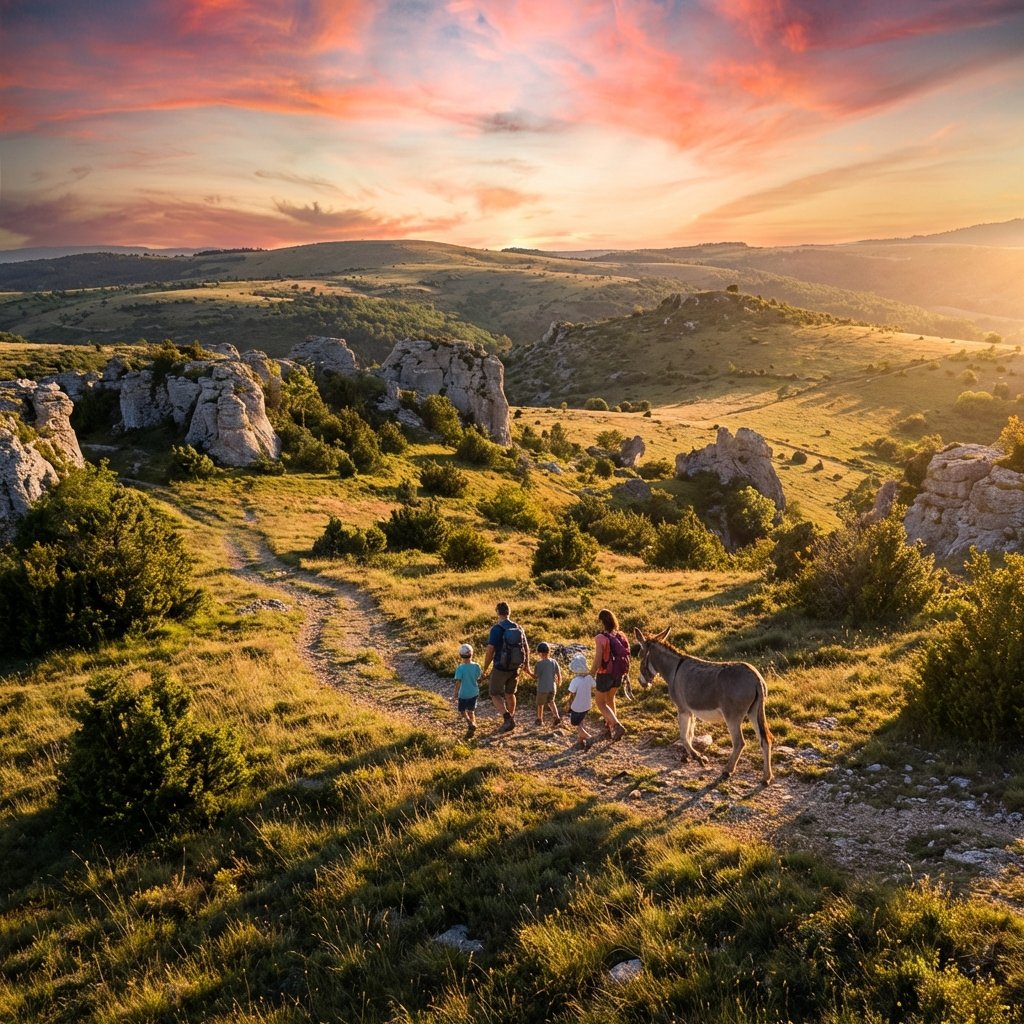 Randonneurs et leur âne de bât traversant les paysages cévenols